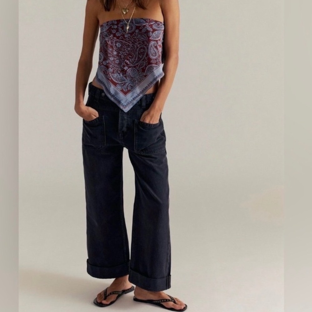 Free People We The Free Palmer Cuffed Baggy Jeans Outer Space Patch Pocket - 27